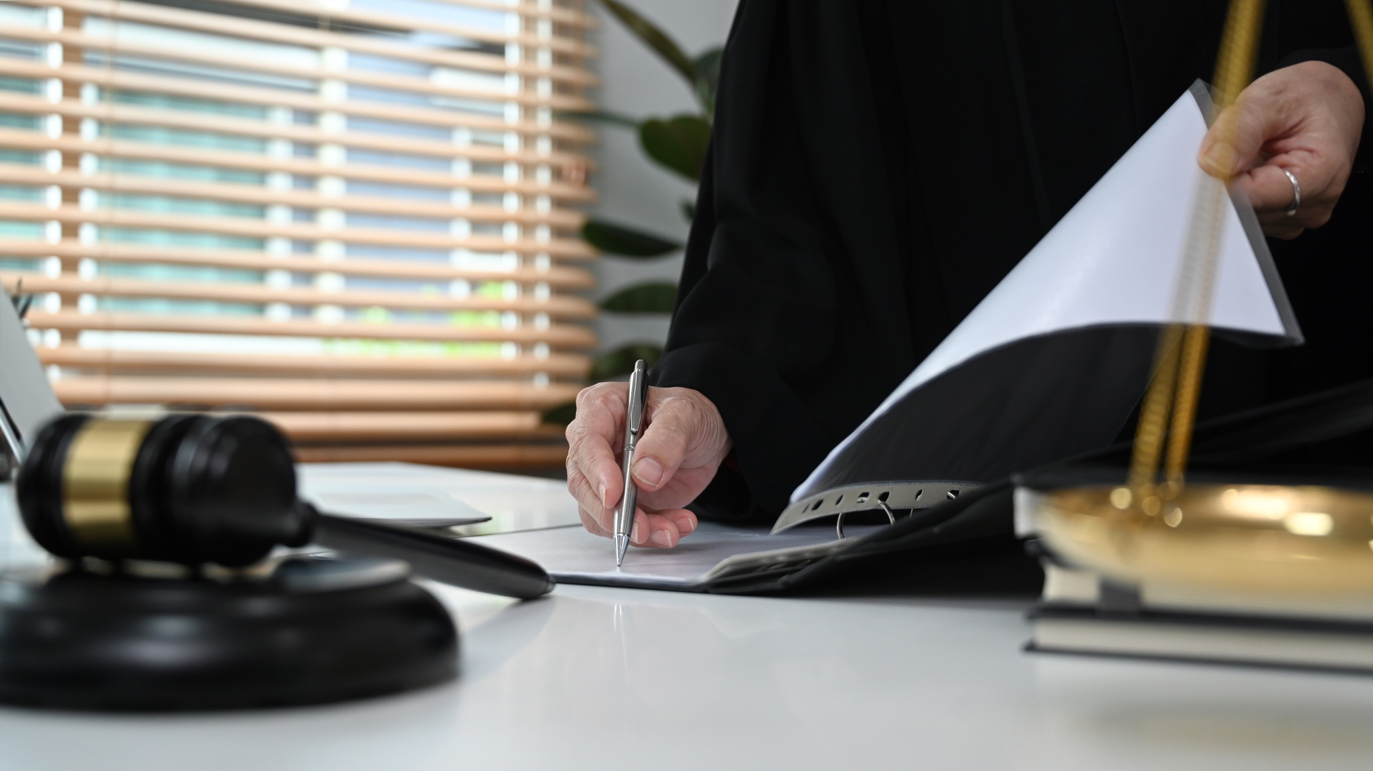 Professional female lawyer standing at her workplace and signing papers.